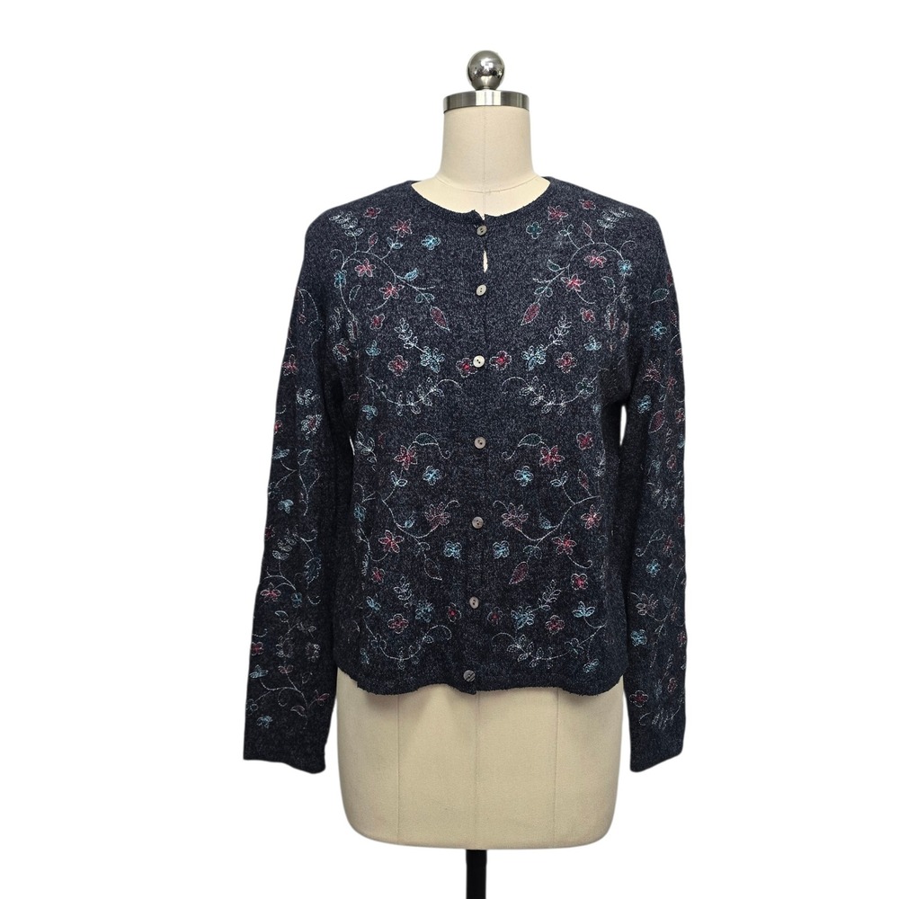 Silk Blend‎ Floral Embroidered Cardigan Sweater Charcoal Gray Crew Neck Womens